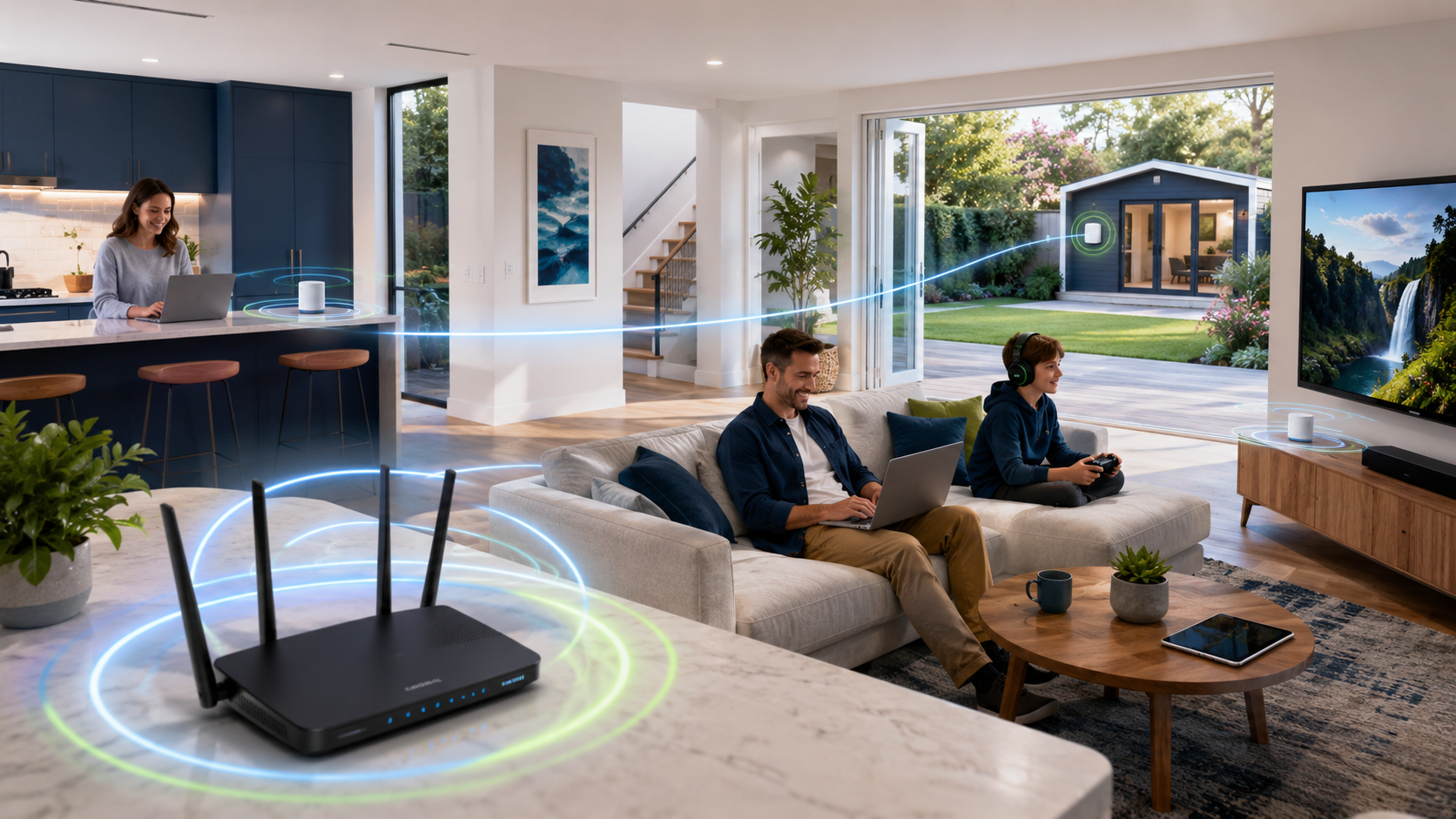 Family using WiFi throughout their home